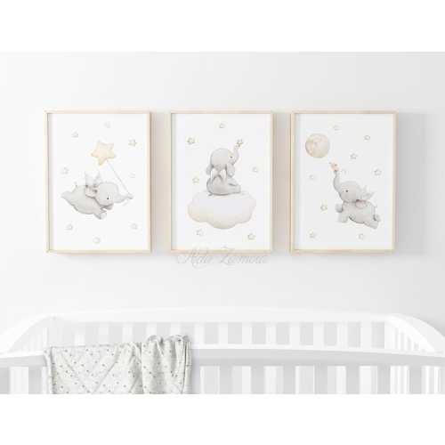 SET of three Nursery Art; ELEPHANTS with WINGS Nursery wall art, Nursery Elephant Print