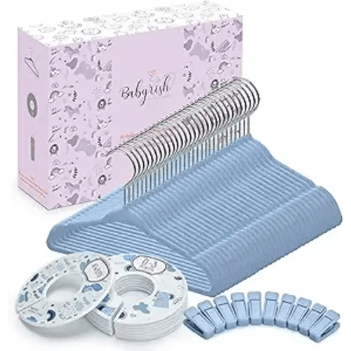 Velvet Baby Hangers with 10x Clips and 8X Dividers (30 Pack) | 11” Ultra-Slim Baby Clothes Hangers | Non-Slip Felt | Space-Saving Nursery & Infant Closet Organizer | Blue