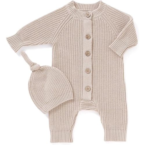 mimixiong Cotton Baby Romper Newborn Baby Knitted Clothes Longsleeve Sweater Outfit for Boy and Girls with Warm Hat Set