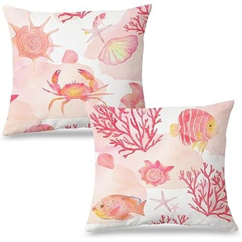 Pink Coastal Beach Pillow Covers 18x18 Set of 2, Beachy Room Decor Aesthetic, Ocean Coral Crab Fish Seashell Coastal Decorative Throw Pillow Covers for Home Bedroom Living Room