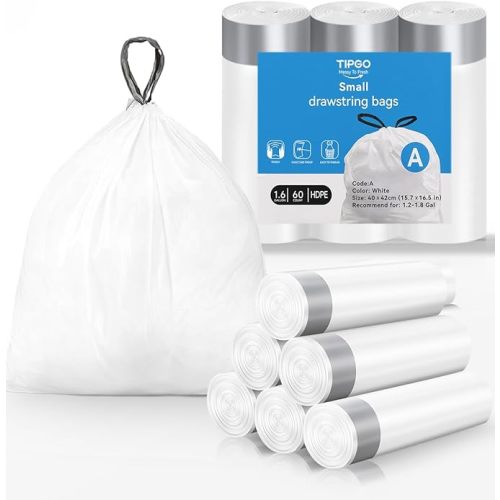 TIPGO Drawstring Trash Bags 60 Count, Pre-Cut 1.6 Gallon Small Garbage Bags, Fit 1.2-1.8 Gallon Trash Bin for Home, Office, Bathroom (Code A)