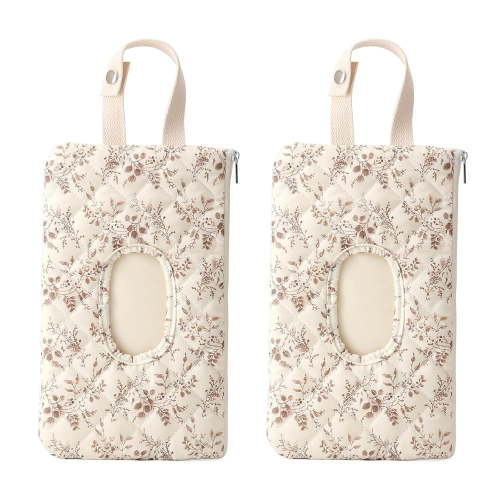 Quilted Baby Wipe Holder Floral Diaper Pouch Portable Quilted Wipes Bag for Travel Stroller Daily Casual (Beige+Beige)