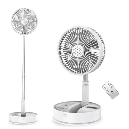 Foldable Fan - Foldaway Portable fans- Remote Control Hand Strap - LED Lighting - 7200mAh Battery Operated Portable Standing Fan, 4 Speed, Timer for Camping Travel, Outdoor, Home (White)