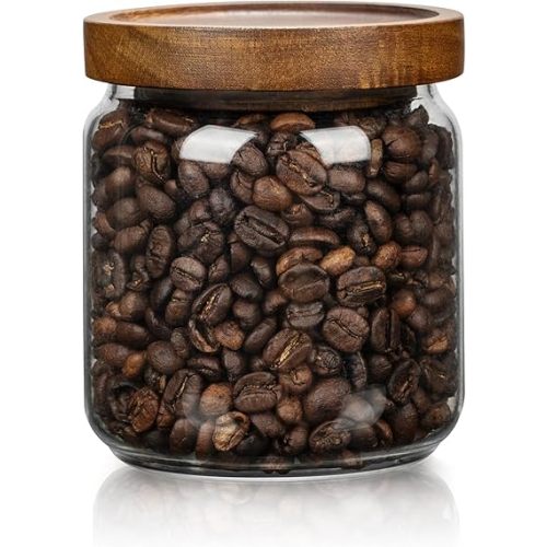 1 PC Small Glass Storage Jars with Airtight Lids, 17 fl oz (500ml) coffee container with Wooden Lid, Glass Pantry Canister for Beans, Rice, Sugar and etc