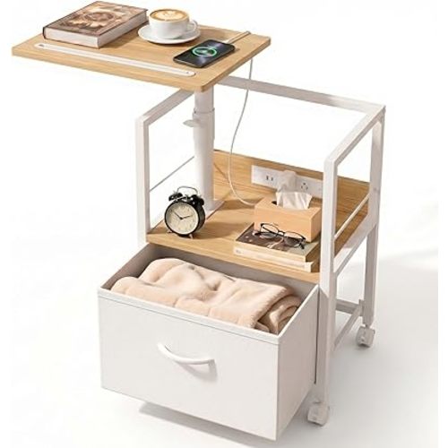 Faesun Swivel Lift Top Nightstand with Charging Station, Rolling Side Table for Recliner, Bedside Table with Wheels & a Fabric Drawer, for Small Spaces, for Bedroom, Living Room, Oak White
