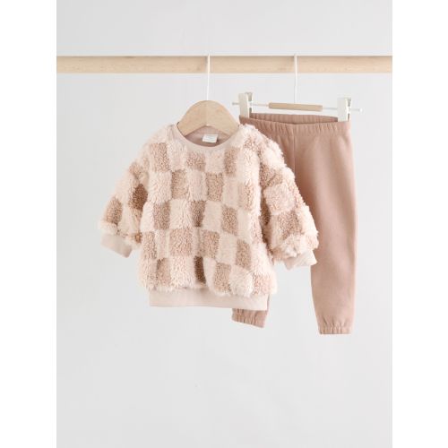 Neutral Checkerboard Baby Fleece Top and Joggers Set (0mths-2yrs)