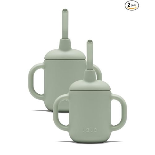 Lalo Little Cup 2-Pack, Non-Toxic Silicone Straw Cup with Handles - Baby and Toddler Sippy Cup - Mini Cup and Straw Training System, 4oz, Sage