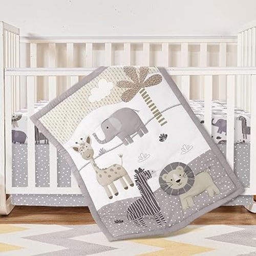 3 Pcs Baby Crib Bedding Set Safari Animals Elephant Zebra Lion Giraffe Neutral Crib Set Includes Quilt, Fitted Sheet, Skirt for Baby Boy Girl(Light Blue)