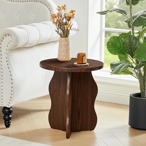 15.7" Dx17.9 H Small Round Side Table, Wooden End Table for Small Narrow Space, Mid-Century Farmhouse Drink Pedestal Table Accent Nightstand for Living Room, Bedroom, Balcony (Walnut)