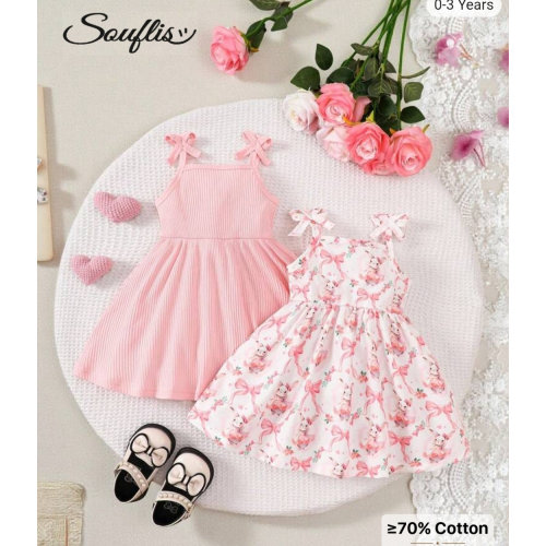 Souflis Souflis 2pcs Set Baby Girl White And Pink Summer Cute Birthday Watercolor Rabbit Print Strap Dress,Versatile Casual Outfits For Easter,Valentine's Day,Party | SHEIN USA