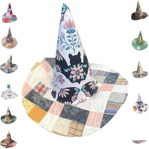 The Quilted Witch Hat, Handcrafted Folk Art Hat, Vintage Cottagecore Halloween Headpiece, Patchwork Multicolored Costume Cap