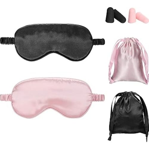Silk Satin Sleeping Mask Eye Mask Set Include 2 Blindfold Eyeshade Elastic Strap Double Layer Silk Filling Eye Cover 2 Ear Plugs 2 Storage Bags for Women and Men Sleep Travel Nap (Black, Pink)