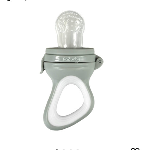 RaZbaby Baby Solids/Frozen Fruit Feeder Pacifier, Infant Teether Toy 6M+, BPA-Free Silicone Pouch & Nipple, Safely Introduce Solids, Natural Teething Relief, Dishwasher Safe, Freezable – Grey/White