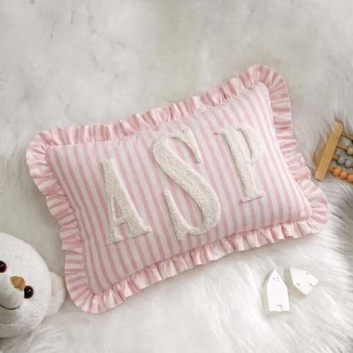 Monogram Custom Embroidered Pillow: Personalized College Gift Dorm Decor, Striped Ruffled Cushion