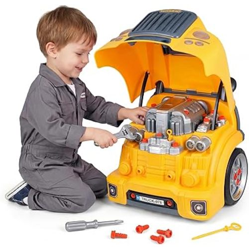POFJOEQ Interactive Truck Engine Toy with Removable Parts - Lights, Sounds, and Fun for Young Mechanics -Unleash Their Creativity and Motor Skills with This Truck Engine Toy (Yellow)