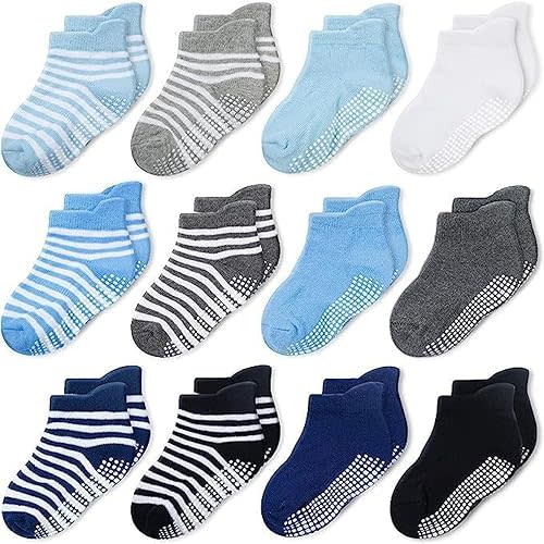 CozyWay Baby & Toddler Socks with Grippers Non Slip Ankle Grip Socks For Boys and Girls - Comfy Soft Cotton - 12 Pack