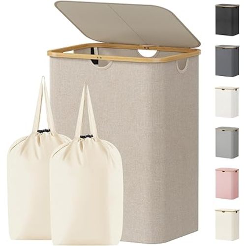 Lifewit 150L Laundry Basket with Lid, Clothes Hampers for Laundry with Bamboo Handles and 2 Removable Bag, Large Foldable Laundry Hamper for Bedroom, Bathroom, Dorm, Laundry Room, Beige