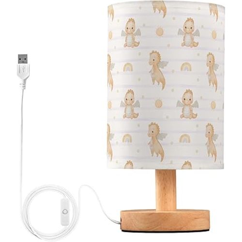 Table Lamp Watercolor Baby Dragon Rainbow Striped Pattern Nightstand Lamp with Wood Base Fabric Lamp Shade Bedside Desk Lamp for Living Room Bedroom Kids Room Office