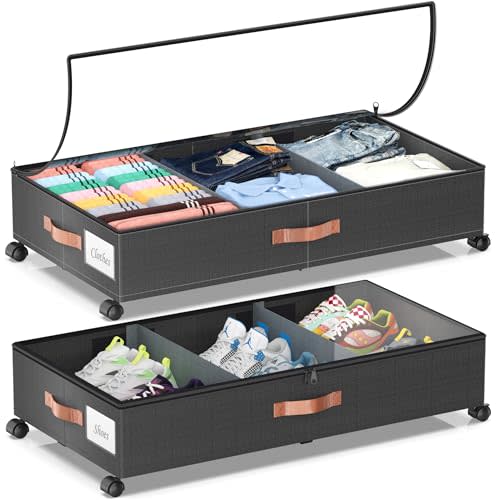 Under Bed Storage with Wheels, 2 Pack Under Bed Storage Containers with Dividers & Clear Lids, Under the bed storage Organizer Bins,Underbed Storage with Wheels for Clothes,Toys,Shoes (Black, 2 Pack)