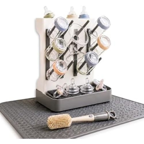 Baby Bottle Drying Rack with Drain Mat & Cleaning Brush– Vertical Countertop Organizer with 12 Hooks, Removable Pacifier Box, Drip Tray for Bottles, Breast Pump Parts, Straws