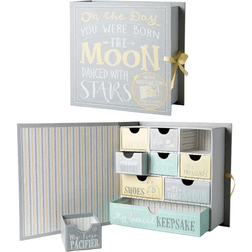 Votum Baby Keepsake Box for Treasured Memories, Moon & Stars - Lightweight, Handcrafted Baby Boxes with 9 Labeled Compartments for First Memories - Gender Neutral Baby Shower Gifts for Girls, Boys