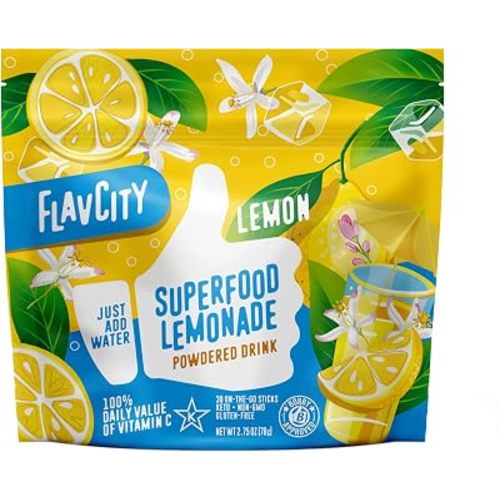 FlavCity Superfood Lemonade Drink Mix - Sugar-Free Lemonade Powder with Real Crystallized Lemon & Organic Acerola - 100% DV Vitamin C - Keto, Gluten-Free, Non-GMO (30 Servings)