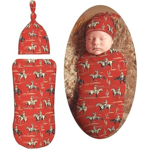 Retro Western Cowboy Newborn Swaddle Blankets Hat Sets Soft Baby Receiving Blanket Swaddle Sack for Baby Shower Infant Boy Girl Gift