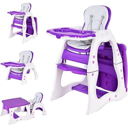 HOMGX 3 in 1 Baby High Chair, Infant Table and Chair Set, Convertible Compact Toddler Highchair with Adjustable Backrest & Dishwasher Safe Tray (Purple)