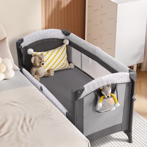 ELEMARA 3 in 1 Baby Bassinet,2025 Beside Bassinet with Ajustable Side, All Mesh Baby Bedside Sleeper with Mattress,Sheet,Storage Pocket,Wheels and Trap,Playpen Travel Crib Bed with Storage Bag