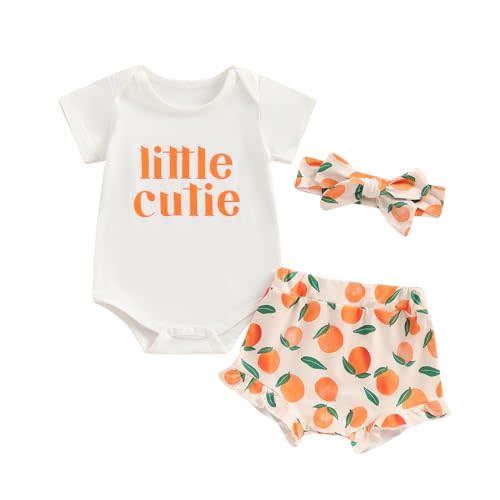 BSaogr Newborn Baby Girl Shorts Set Little Cutie Outfits Strawberry/Orange Short Sleeve Romper Frill Trim Shorts Headband