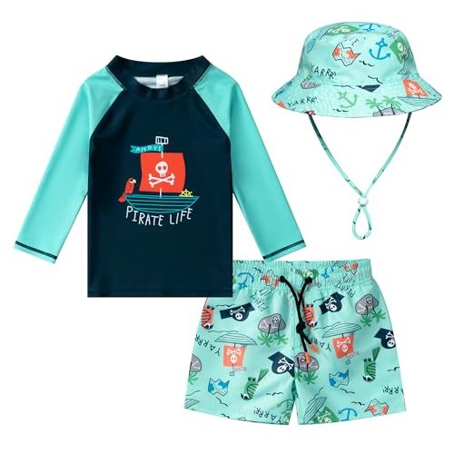 Toddlers and Baby Boys' 3-Piece Rashguard Sets Swimsuits Sets with Hat Surfing Swimwear Sunsuit UPF 50+