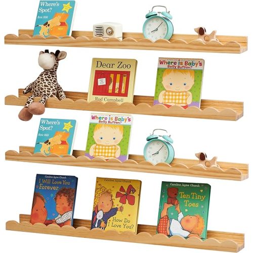 Scalloped Baby Book Shelf,Floating Shelves for Wall Set of 4 Natural Solid Pine Wood Nursery Bookshelves with Wave Lip for Bedroom Kids, Toddler Room, Baby Room, Nursery Decor(Natural,60cm)