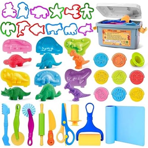 VConejo Dough Tools Play Sets for Kids, 37pcs Clay and Dough Accessories with Storage Container, Mat, Cutters, Rolling Pins, Safety Scissors, Stamps, Animal and 3D Dino Makers for Boys Girls