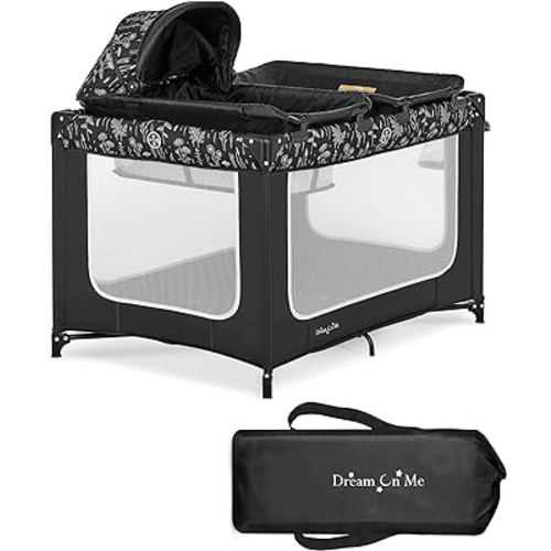 Dream On Me Emily Rose Deluxe Playard in Black and White with Infant Bassinet and Changing Tray, Lightweight Portable and Convertible Playard for Baby, Breathable Mesh Sides and Soft Fabric