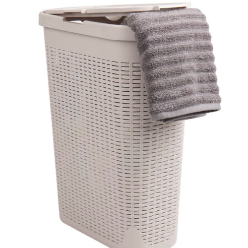 Mind Reader Slim Laundry Hamper with Lid, 40L Clothes Basket, Premium Wicker Design, Plastic, Ivory