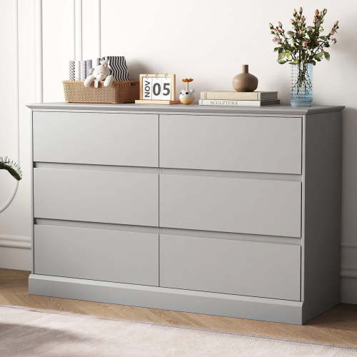 Bedroom Dresser Gray 6 Drawer Dressers Storage Chest of Drawers Double Dresser Storage Side Cabinet Room Furniture for Bedroom Living Room