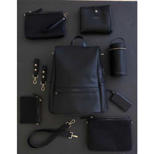 Black Leather Diaper Bag Backpack: USB Charging Port with Leather Changing Pad