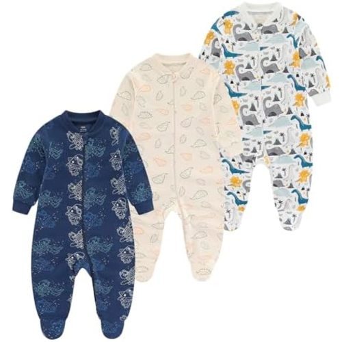 Ecojoy Baby Girls Boys Footed One-Piece Romper Cotton Long Sleeve Jumpsuit Zip Front Footie Romper 0-12 Month