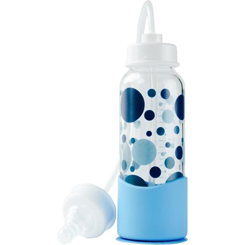 Hands-Free Baby Bottle - Anti-Colic Nursing System 7 oz Glass Baby Bottle with Fast Flow Nipple/Teat 3m+ with Tube Straw Feeding System for Toddler (1 Bottle - Blue)