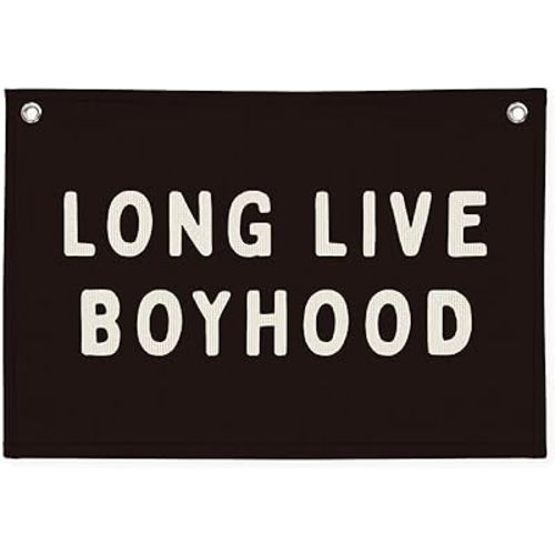 Long Live Boyhood Banner, Boy Nursery Decor, Canvas Banner Wall Hanging Banner Flag Decor for Nursery Playroom Toddler Room, Boys Kids Room Decor (Black)
