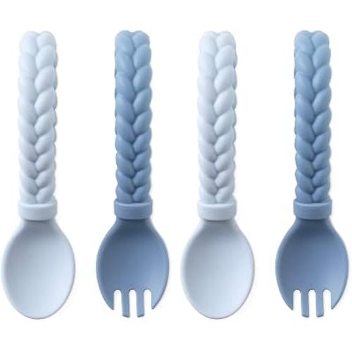 Itzy Ritzy Silicone Spoon & Fork Set; Baby Utensil Set Features A Fork and Spoon with Looped, Braided Handles; Made of 100% Food Grade Silicone & BPA-Free; Ages 6 Months and Up, Blue (Pack of 2)