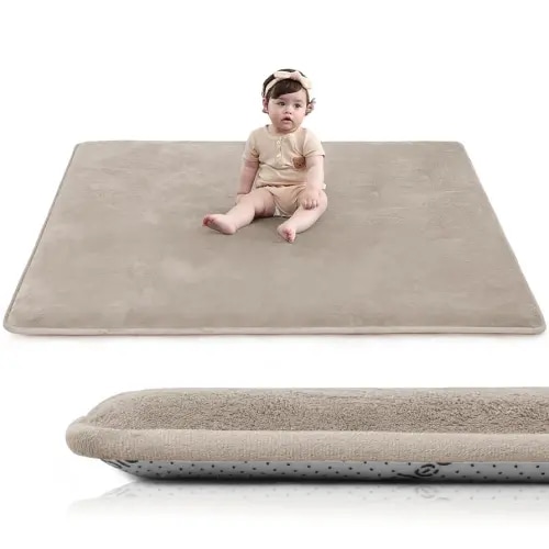Baby Play Mat for Floor,1.3" Thick Elasti-Foam 50"×50" Playpen Mat for Tummy Time,Water Repellent Soft Coral Velvet for Toddler,Infant,Kids,Non-Slip Backing Safe for Crawling(Beige)