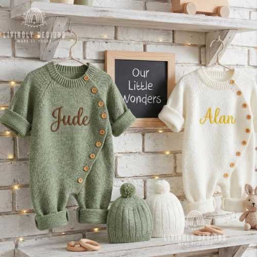 Personalized Knit Baby Bodysuit Set: Embroidered Name Romper and Hat