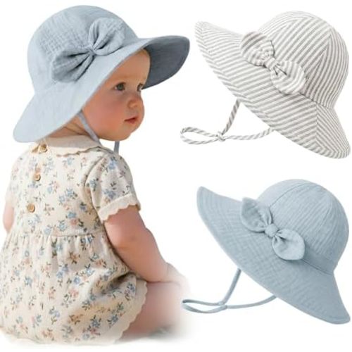 Konssy Muslin Baby Sun Hat 2-Pack, UPF 50+ Sun Protection Wide Brim Summer Beach Hat, Bucket Hat for Girls and Boys