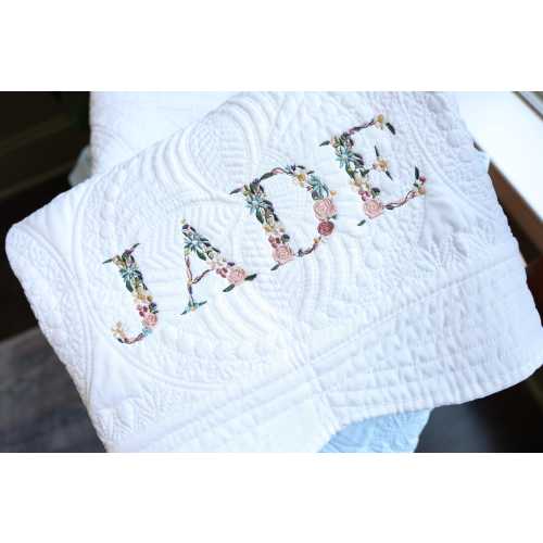 Embroidered Floral Name Baby Heirloom Quilt: Personalized Cotton Newborn Blanket, Baby Shower Gift, Keepsake