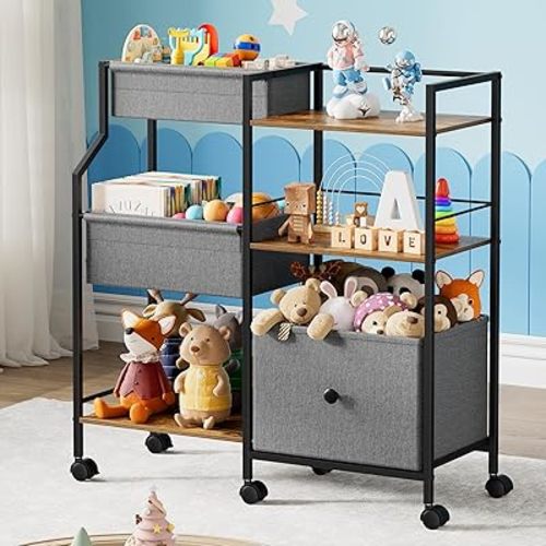 3 Tier Rolling Cart Organizer - Sturdy Wooden Book Shelves, Soft-Sided Fabric Bins, Mobile Storage Cart for Home, Office, Kitchen & Bedrooms