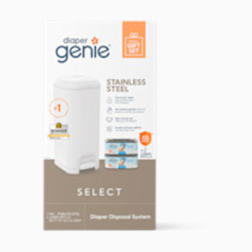 Diaper Genie Stainless Steel Select Pail Gift Set with 2 Jumbo Refills - White, Unscented