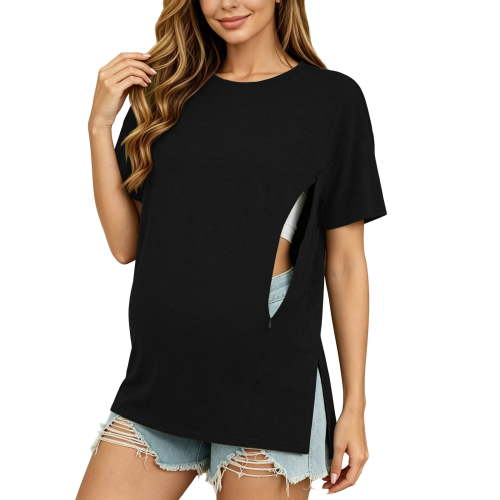 Lutiedan Women's Oversized Nursing Shirts for Breastfeeding Hidden Zipper Short Sleeves Tops Crew Neck Side Splits Maternity Tops