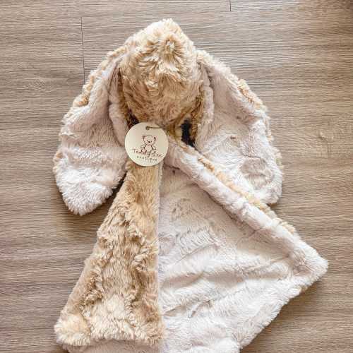 Handmade Plush Bunny Lovey: Cream and Tan Minky Baby Security Blanket, Comfort Toy