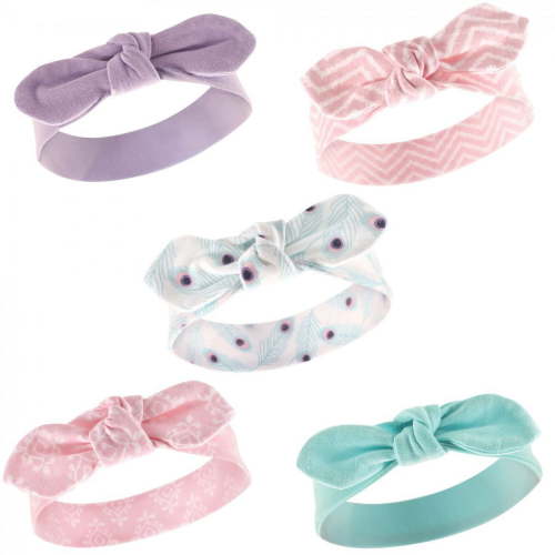 Hudson Baby Infant Girl Cotton Headbands 5pk, Peacock, 0-24 Months